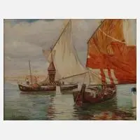 M. Langewand, Fischerboote an der Küste, 1946, Aquarell