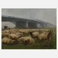 Carl Weißgärber, "Schafherde unter Rheinbrücke", Zeichnung