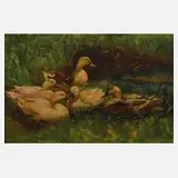 W. Wolf, Enten am Seeufer, Aquarell
