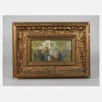 Adolf Oberländer, Der Plausch am Gartenzaun, Aquarell über Bleistift mit partieller Weißhöhung