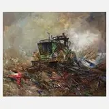 Manfred Feiler, Bulldozer auf der Müllkippe, 1925, Öl auf Hartfaserplatte