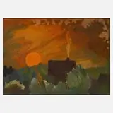 Prof. Heinz Werner, Untergehende Sonne, Gouache auf Hartfaserplatte