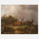 Carl Friedrich Ockert, Hirsche in Sommerlandschaft, 1858, Öl auf Leinwand