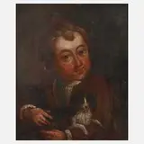 H. Jung, Junger Mann mit Hündchen, Öl auf Pappe