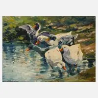 Prof. Otto Ackermann-Pasegg, Enten am Seeufer, Öl auf Karton