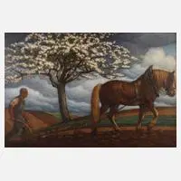 Carl Baum, pflügender Bauer, 1934, Öl auf Sperrholzplatte