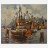Eugen Dekkert, Fischerboote im Hafen, Öl auf Malkarton