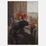 Ilda von Ernst-Lange, Katze am Fenster, 1921, Öl auf Karton