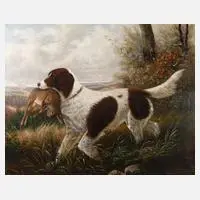 J. Heyn, Jagdhund mit Hasen, Öl auf Leinwand