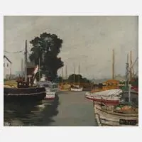 Albert Knoke, Hafenansicht, Öl auf Hartfaserplatte