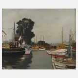 Albert Knoke, Hafenansicht, Öl auf Hartfaserplatte