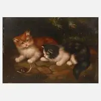 Benno Kogl, Katzenkinder mit Schnecke, Öl auf Sperrholzplatte