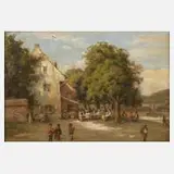 Heinrich Lang, Biergarten an der Isar, Öl auf Leinwand und Karton