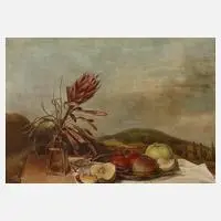 Hinrich Storch, Apfelstillleben vor Landschaft, 1980, Ölmalerei auf Malkarton
