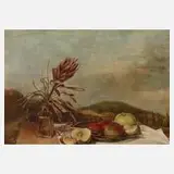 Hinrich Storch, Apfelstillleben vor Landschaft, 1980, Ölmalerei auf Malkarton