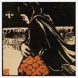 Broncia Koller-Pinell, "Marktfrau mit Orangen", Farbholzschnitt auf Japanpapier