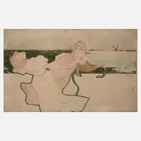 Raphael Kirchner, Tanzende Frauen, Tuschefeder in Rot und Grün