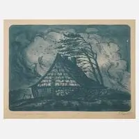 Felix Bartl, "Sturm auf dem Aschberg", Lithographie in Blau auf Papier und auf Pappe kaschiert