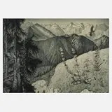 Walther Gasch, Alpenblick, Radierung in Blaugrün gedruckt