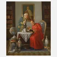 Ludwig Augustin, In der Bibliothek, Öl auf Hartfaserplatte