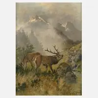 Prof. Georg Berger, Hirsche im Gebirge, Öl auf Leinwand