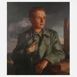H. Hopp, Portrait vor Ruinen, 1948, Öl auf Leinwand