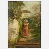 E. Jansen, Dame im Park, Öl auf Holz