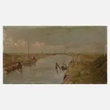 Ludwig von Jordan, Kanal in flacher Landschaft, Öl auf Pappe