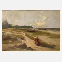 Otto Leu, Lesende am Strand, Öl auf Pappe