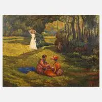 F. Masin, Frauen im Park, Öl auf Pappe