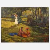 F. Masin, Frauen im Park, Öl auf Pappe