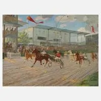 Hermann Sourell, "Mariendorf Trabrennen", Öl auf Leinwand und Karton