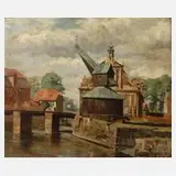 K. Vetter, Kranhaus am Fluss, Öl auf Pappe