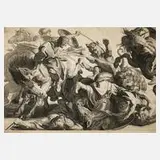 Willem van der Leeuw, Auf der Bären- und Löwenjagd, Kupferstich