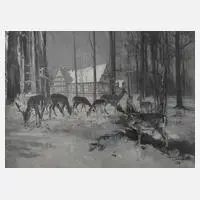 Henri Schachel, Hirsche am Waldhaus, Gouache