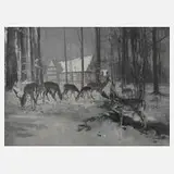 Henri Schachel, Hirsche am Waldhaus, Gouache