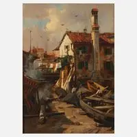 Gustav Adolf Thamm, "Alte Werft in Venedig", Öl auf Holztafel