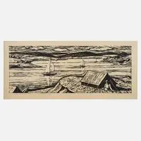 Johannes Hegner, "An der Talsperre Pöhl", Linolschnitt