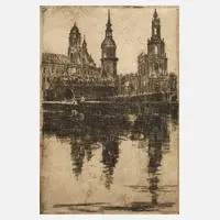 Minni Herzing, Blick über die Elbe in Dresden, Radierung