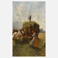 Edmond Louyot, Bei der Heuernte, Öl auf Holztafel