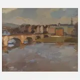 Felix Bibus, Stadt am Fluss, Öl auf Leinwand