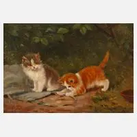 Benno Kogl, Zwei Katzenkinder, Öl auf Holztafel