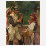 Husar und Mädchen by Wojciech Kossak, 1909, Öl auf Holzplatte, sold Feb 2022