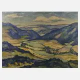 Rosso H. Majores, Erzgebirgische Landschaft, 1979, Öl auf Hartfaserplatte und Leistenrahmen