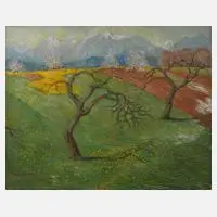 Eugen Vinnai, Blühende Obstbäume, Öl auf Leinwand und Keilrahmen