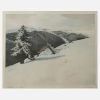 Friedrich Iwan, "Hütten am Hang", Farbradierung