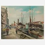 Hermann Lotze, Fischerhafen in Chioggia, Aquarell über Tuschefeder
