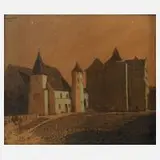 Attilio Sacchetto, Schloss im Mondschein, Kohle und Kreiden auf gelblichem Papier