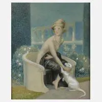 Harry Schultz, Nackte Frau mit Hündchen, Aquarell