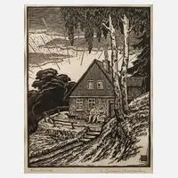 Richard Grimm, Feierabend vorm Haus, Holzschnitt